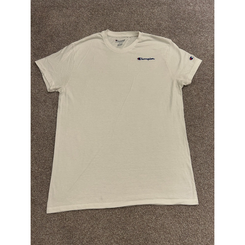 Champion T-Shirt Mens Large Cream Excellent Short Sleeve Script Logo Tee
